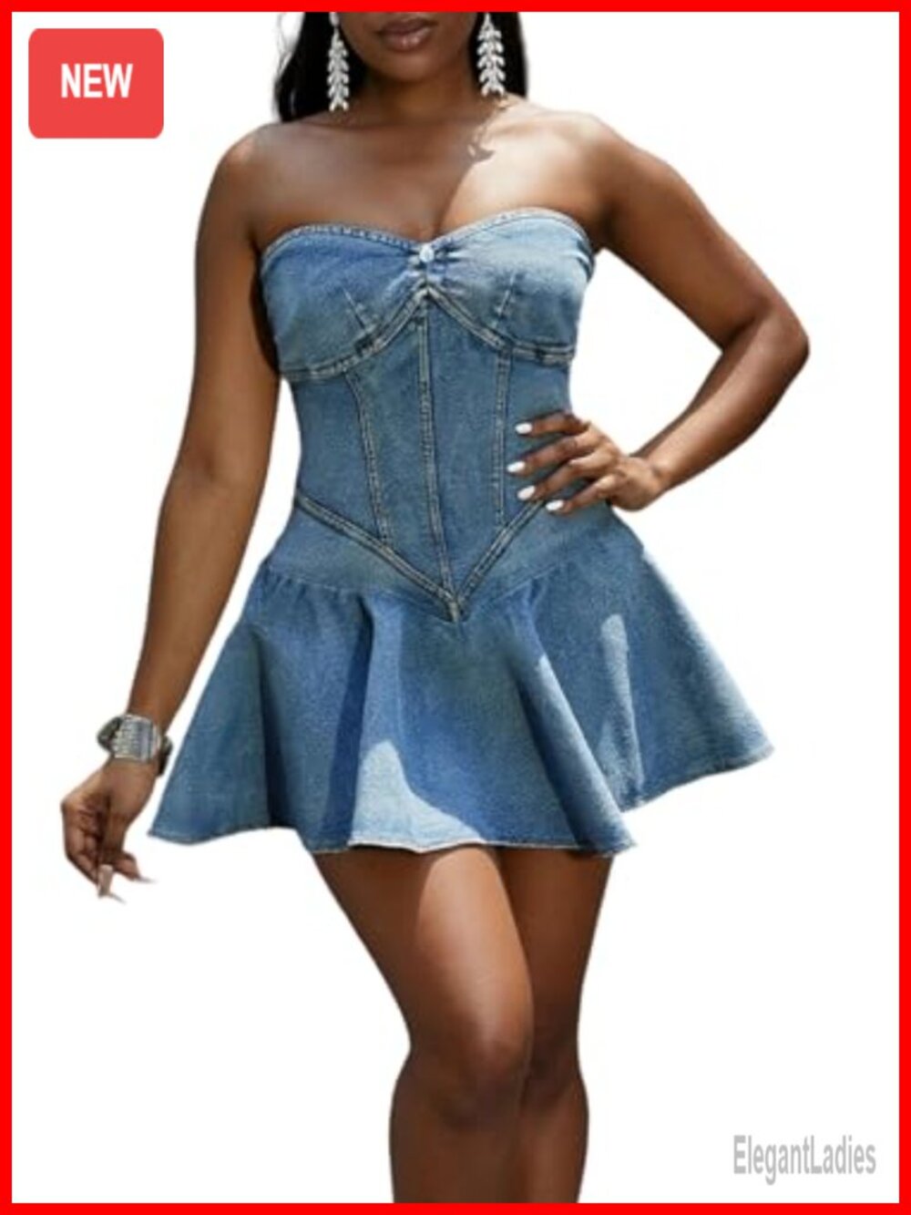 Women Summer Tube Top Denim Mini Dress Off Shoulder Pleated Ruffle Club
